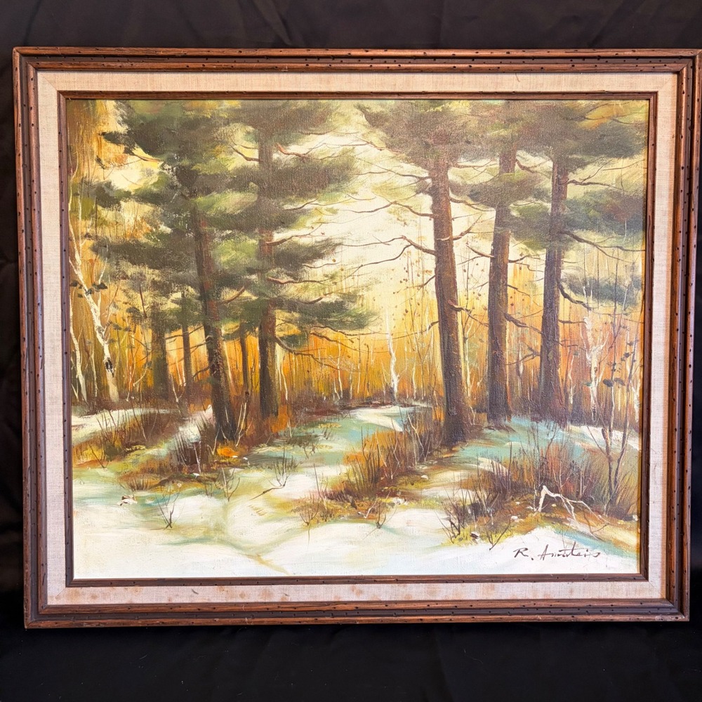 R. Amato Vintage Oil Painting Winter Forest Landscape Pine Trees Framed Canvas